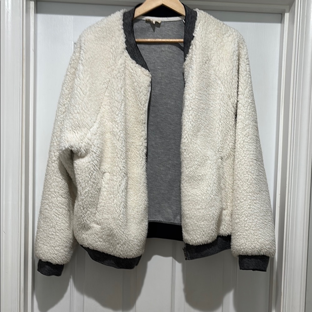 Hem & Thread Cream Teddy Jacket with Gray Accents NWOT